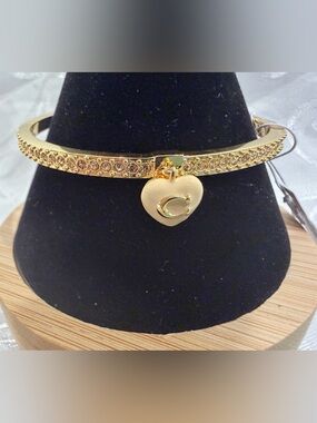 Coach Gold-Tone Crystal Bangle with Cream Heart Initial Charm